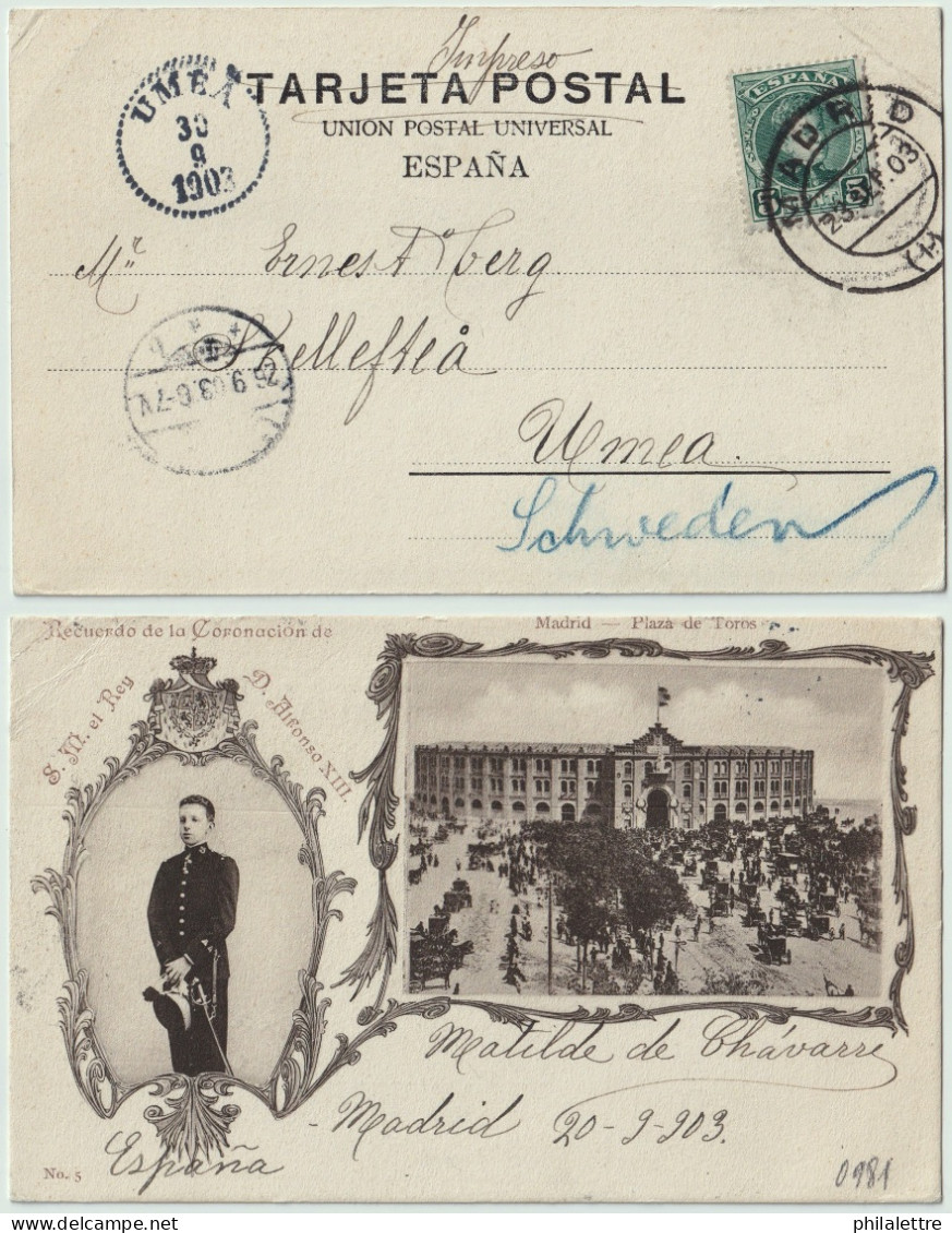 ESPAGNE/ESPAÑA 1903 Ed.242 5c Tipo Cadete Sobre Tarjeta (Coronacion De SM El Rey) De Madrid A Suecia - Brieven En Documenten