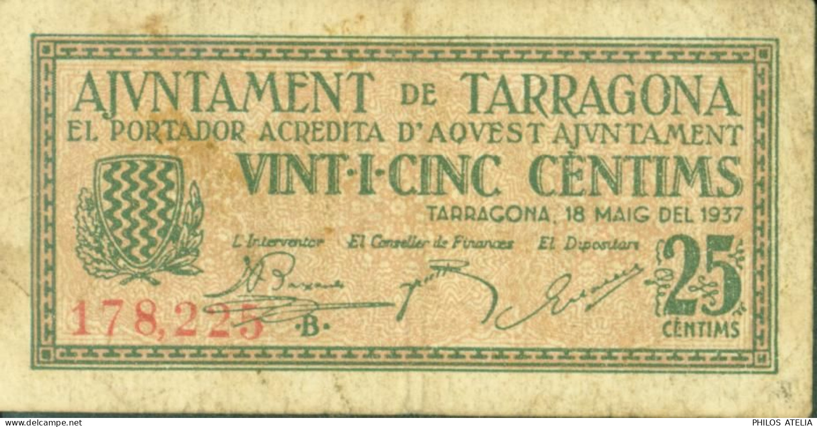 Guerre D'Espagne Billet De Nécessité Ajuntament De Tarragona 25 Centims 1937 - Autres & Non Classés