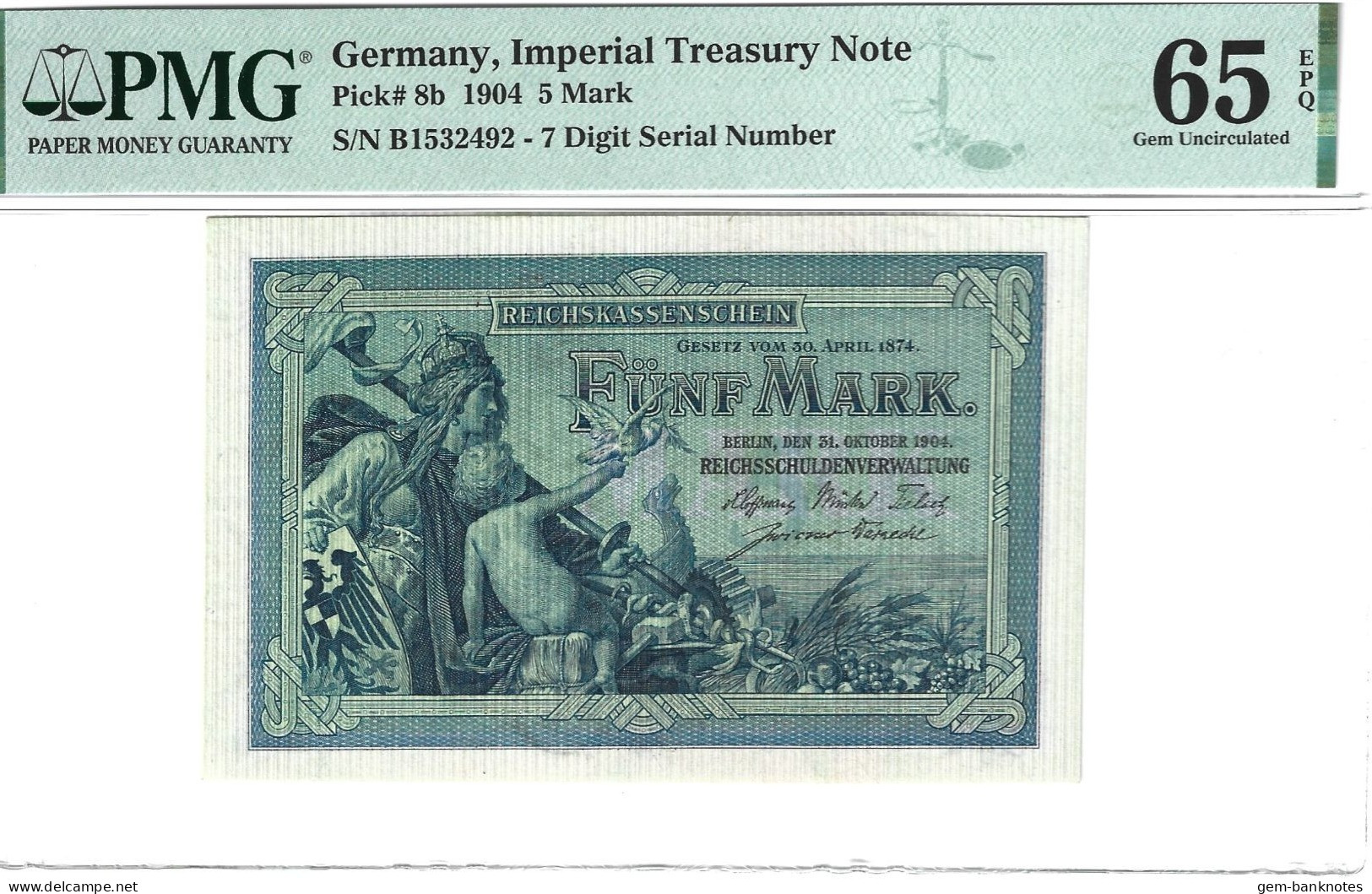 Germany, Imperial Treasury Note 5 Mark 1904 P8b Graded 65 EPQ Gem Uncirculated By PMG - 5 Mark