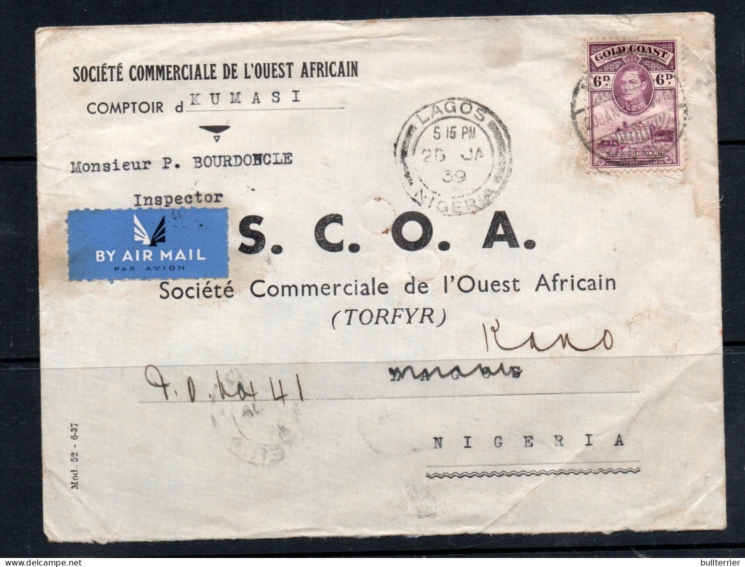 GOLD COAST - 1939- IMPERIAL AIRWAYS  TO NIGERIA WITH KANO  BACKSTAMP - Goldküste (...-1957)