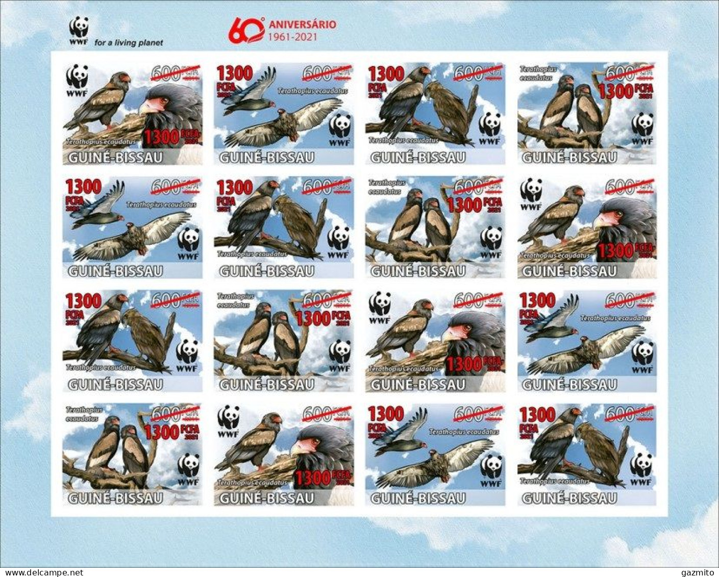 Guinea Bissau 2021, WWF, Eagles, Overp. Red, 16val In Sheetlet IMPERFORATED - Águilas & Aves De Presa