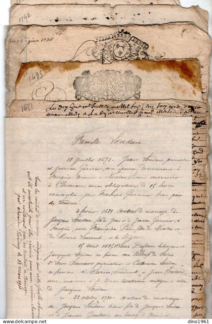 VP23.052 - Cachet Généralité De POITIERS - 5 Actes De 1671 / 1763 - Famille LOUDUN à FOUGERE X SURIN ....... - Algemene Zegels
