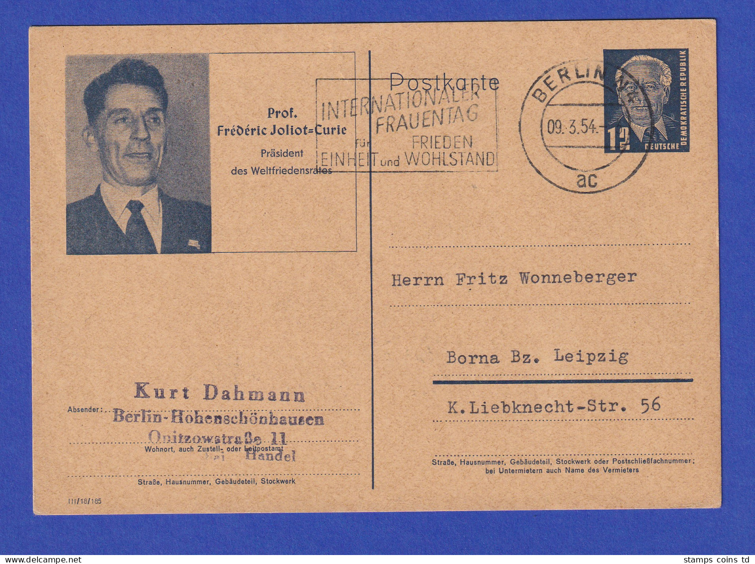 DDR Pieck Sonderpostkarte P52/02 Joliot-Curie Gel. Von Berlin Nach Borna 9.3.54  - Sonstige & Ohne Zuordnung