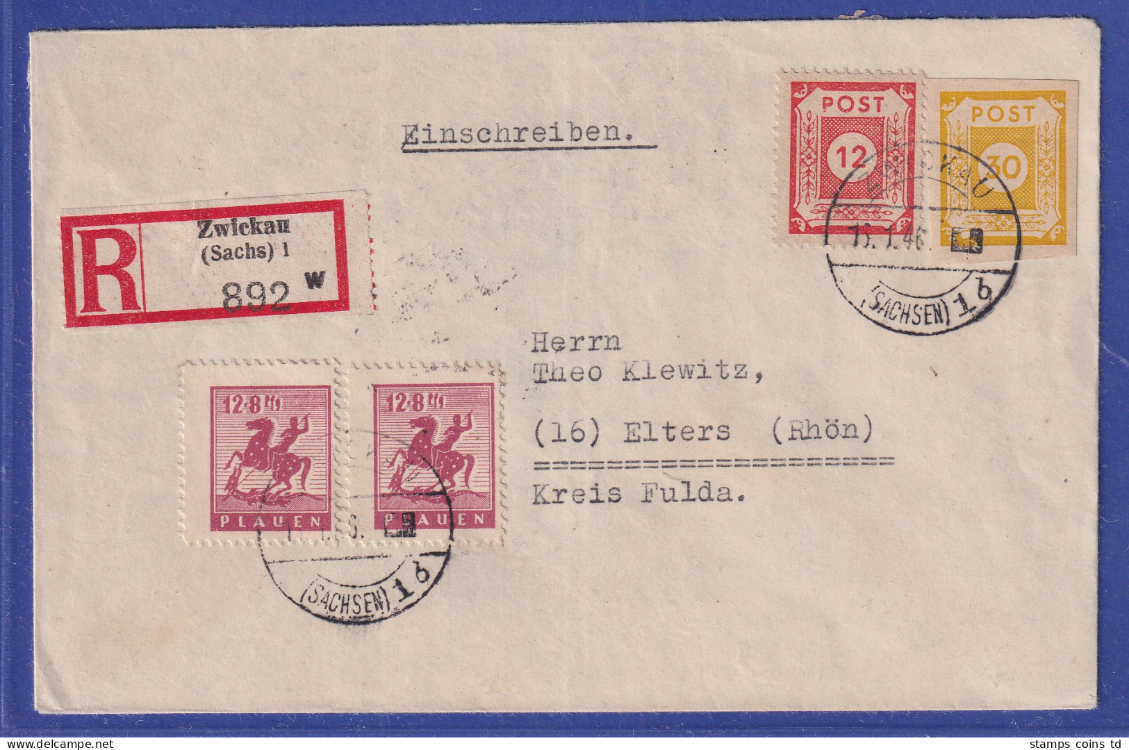 Lokalausgaben Plauen 1946 Mi.-Nr. 5 Als MiF Auf R-Brief Nach Elters (Rhön)  - Covers & Documents