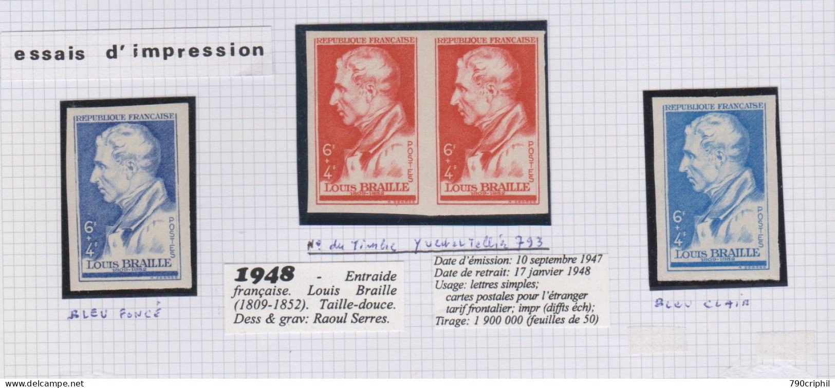 FRANCE ** 793 Louis  Braille Essais, 1 En Bleu Foncé, 2 En Rouge Foncé Se Tenant, Et 1 En Bleu Clair - Color Proofs 1945-…