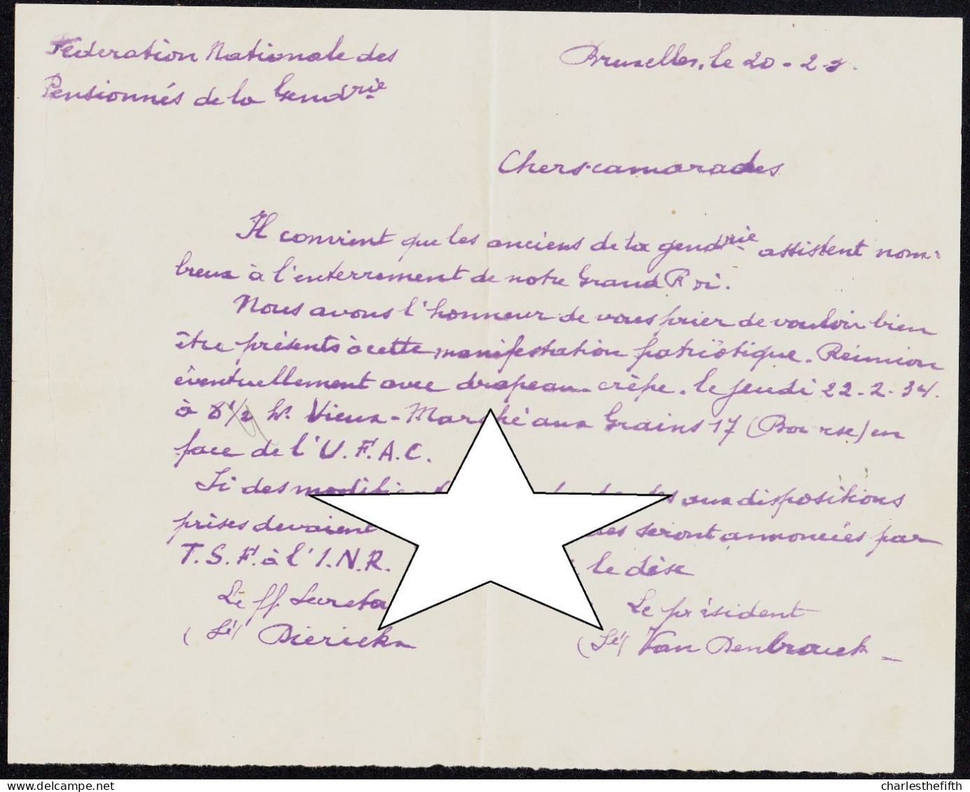 MORT ROI ALBERT I - DEMANDE DE LA FEDERATION DES GENDARME PENSIONNES D'ÊTRE PRESENT AU FUNERAILLES DU ROI Le 22/02/1934 - Historical Documents