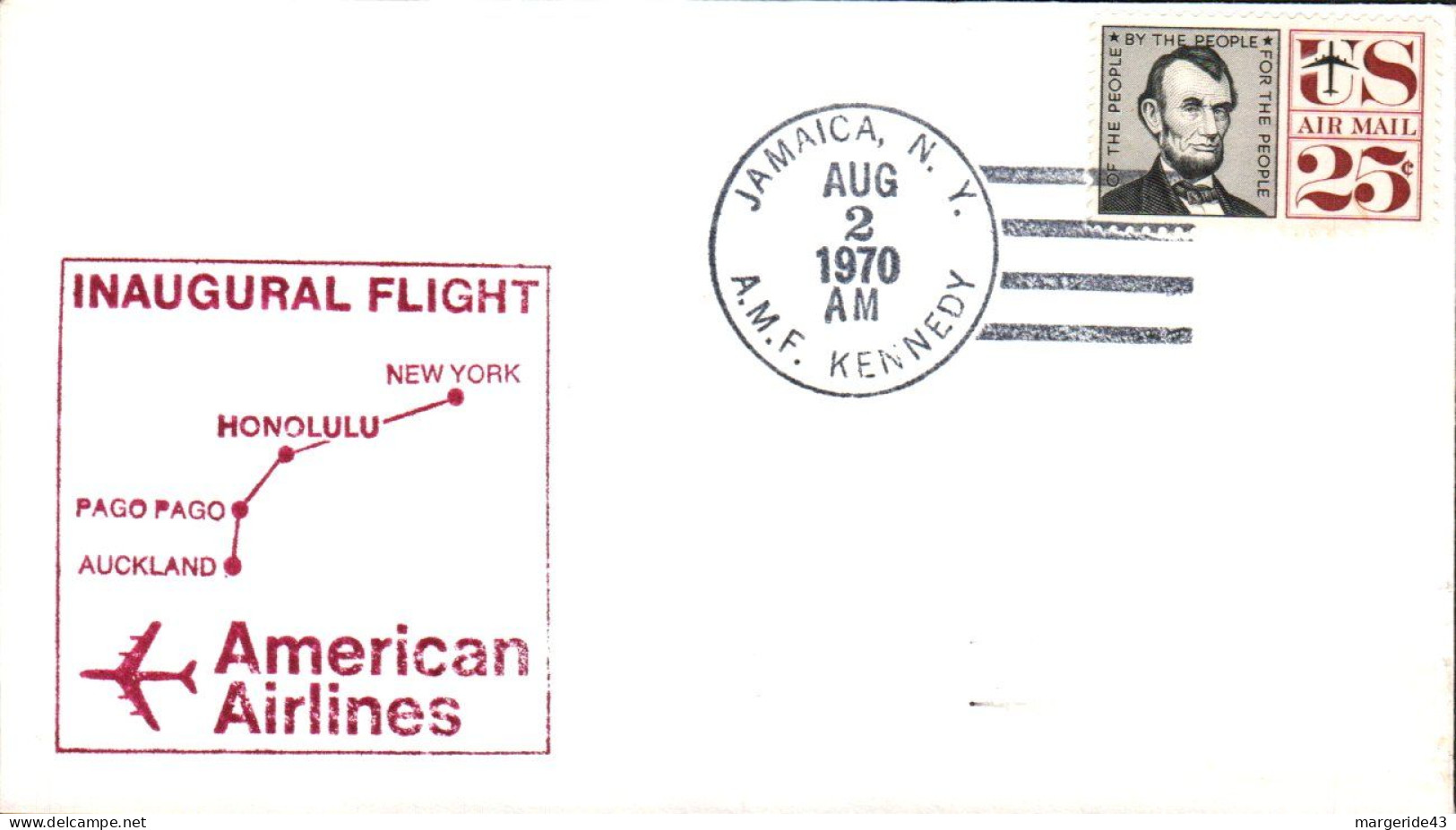 USA ETATS UNIS VOL INAUGURAL AMERICAN AIRLINES JAMAICA-AUCKLAND 1970 - FDC