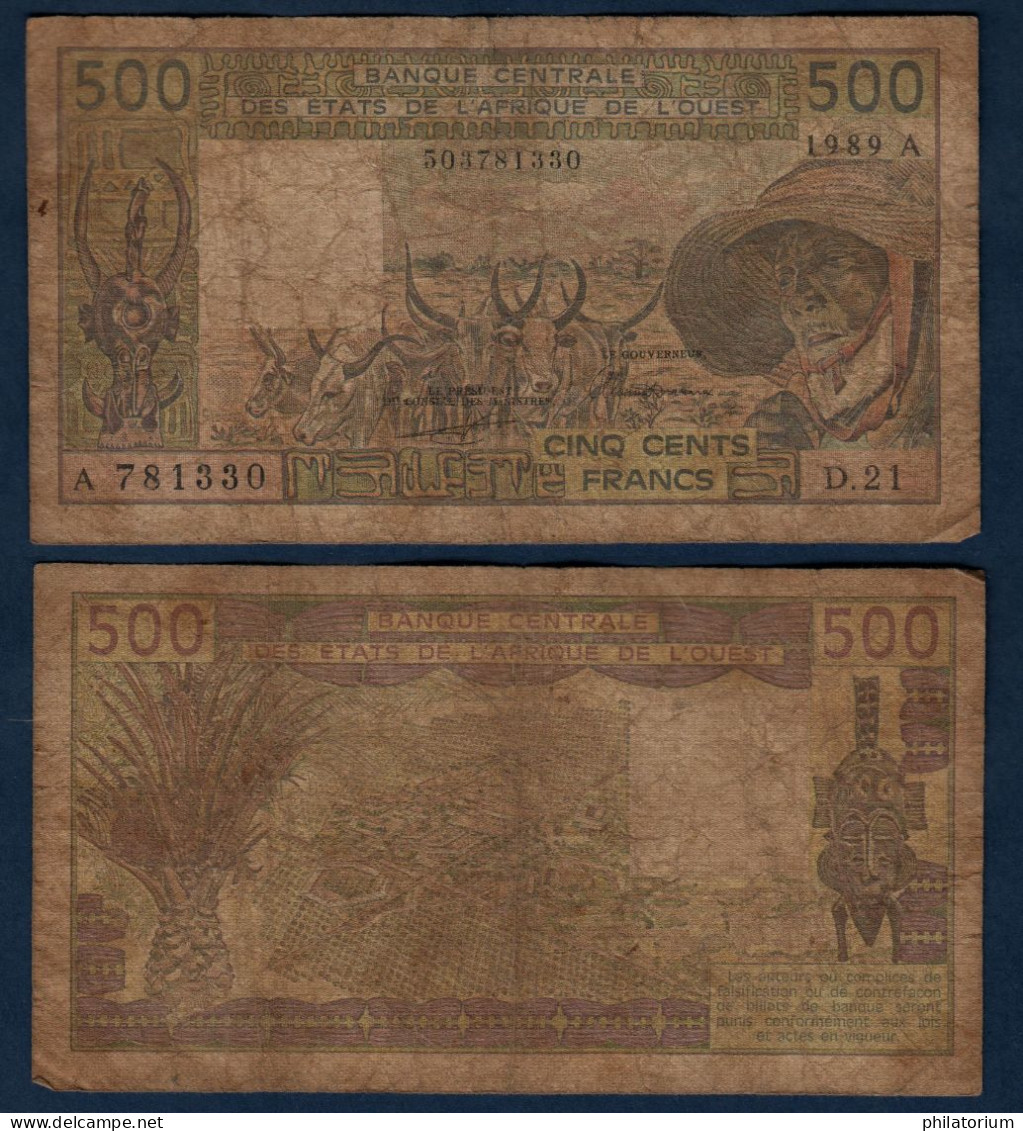 500 Francs CFA, 1989 A, Cote D' Ivoire, D.21, A 781330, Oberthur, P#_06, Banque Centrale États De L'Afrique De L'Ouest - West-Afrikaanse Staten