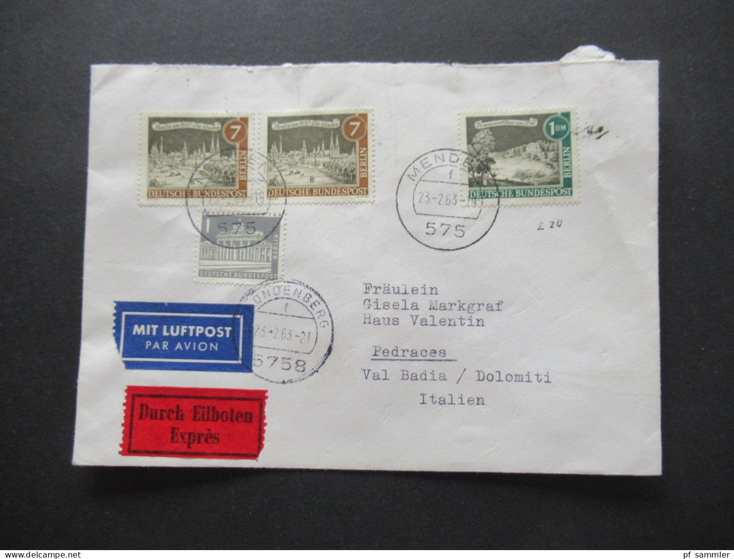 1963 Alt Berlin MiF Mit Luftpost Durch Eilboten Expres  - Pedraces Dolomiti Italien Ank. Stempel Postamt Pedratsches - Lettres & Documents