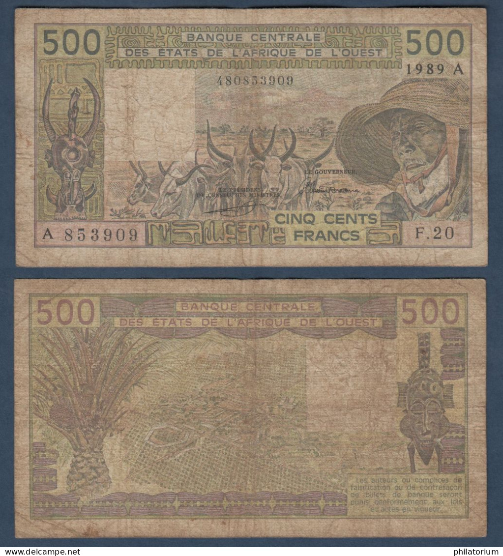 500 Francs CFA, 1989 A, Cote D' Ivoire, F.20, A 853909, Oberthur, P#_06, Banque Centrale États De L'Afrique De L'Ouest - West-Afrikaanse Staten