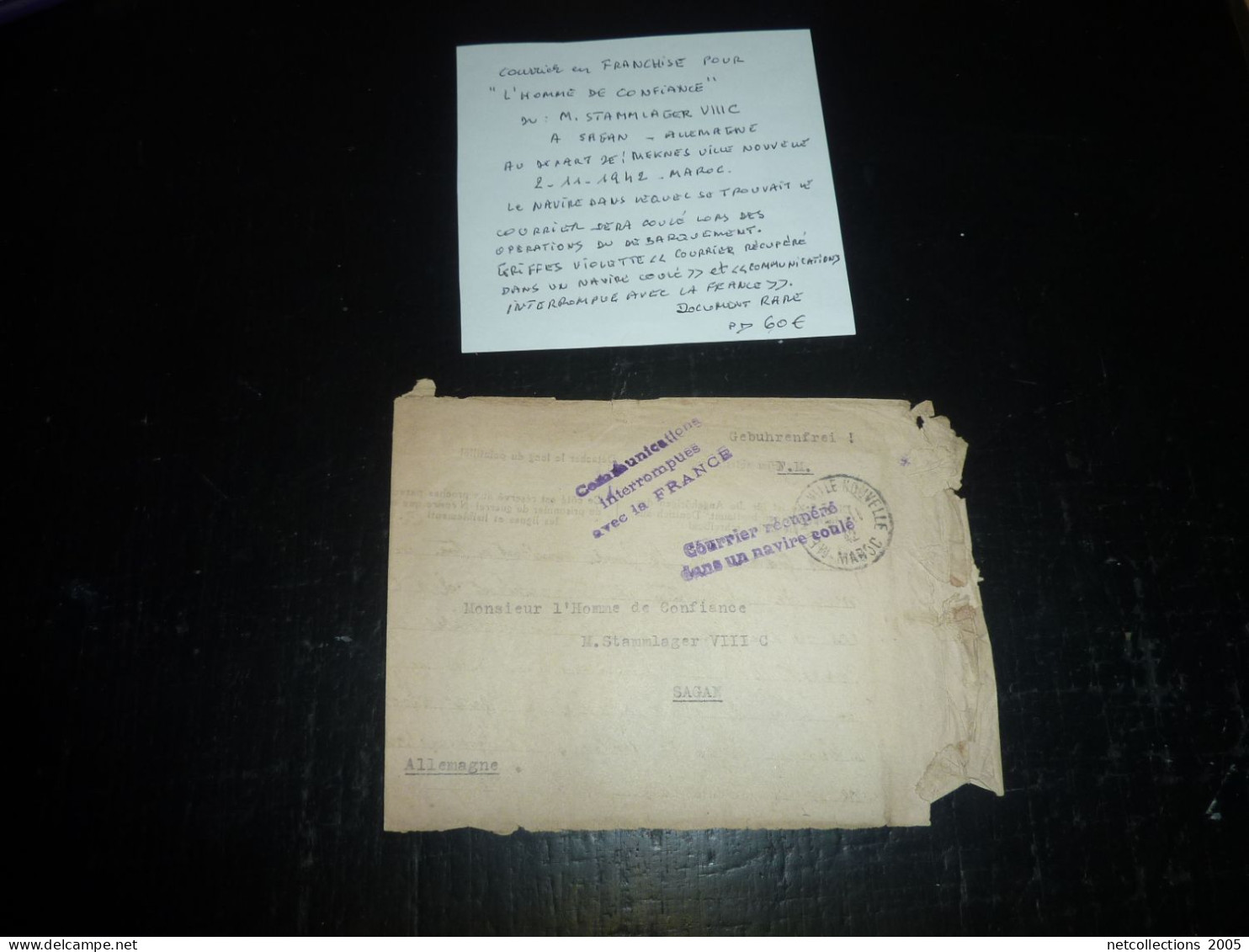 ENVELOPPE AU DEPART DE MEKNES 2-11-1942 - CACHET COURRIER RECUPERE DANS UN NAVIRE COULE -COURRIER EN FRANCHISE...(20/09) - Lettres Accidentées