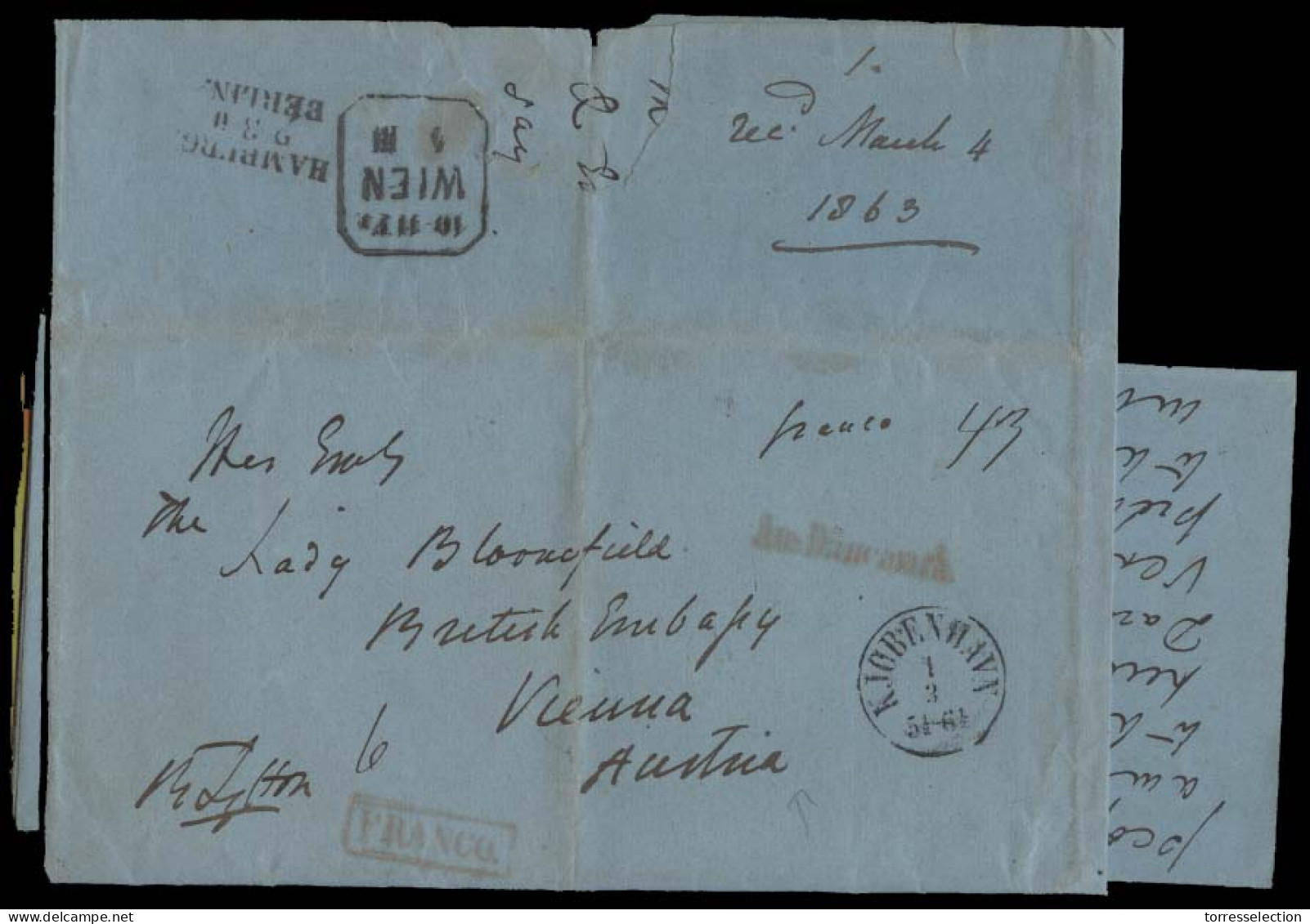 DENMARK. 1863 (27 Feb). Kopenhagen - Austria / British Embassy (4 March). Large Stampless EL Full Text, Cash Paid 43 + R - Andere & Zonder Classificatie