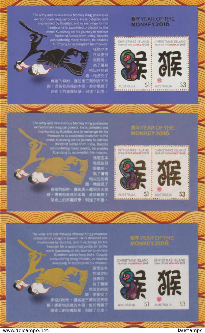 Christmas Island 2016 Year Of The Monkey Normal, Silk And Self-adhesive 3xS/S MNH - Chines. Neujahr