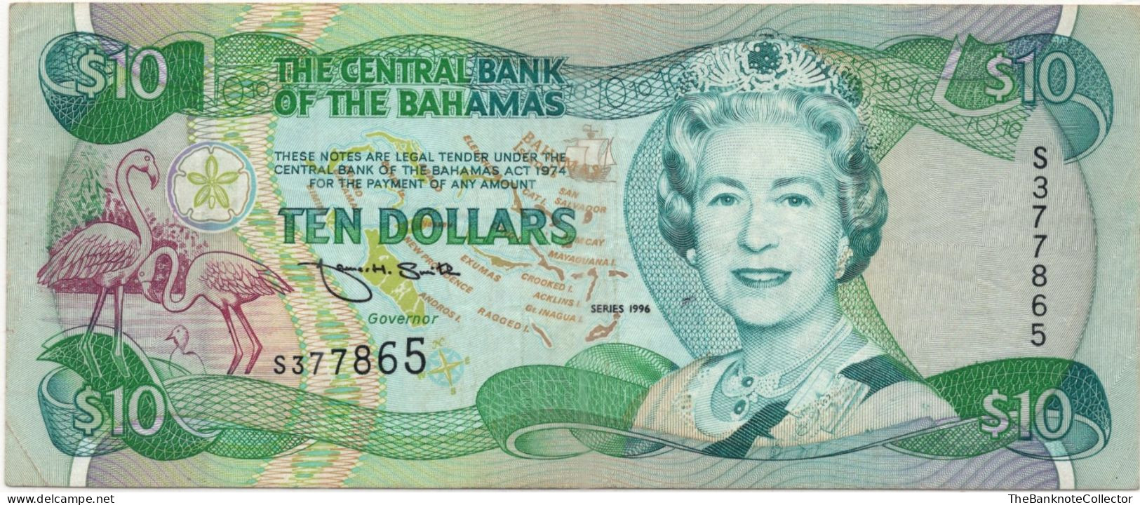 Bahamas Central Bank 10 Dollars 1996  QEII P-59 *Scarce* - Bahamas