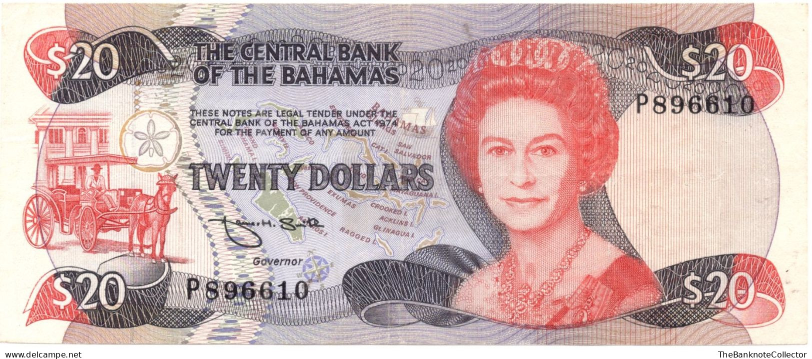 Bahamas Central Bank 20 Dollars 1974(1984) QEII Smith Signature P-47 VF - Bahamas