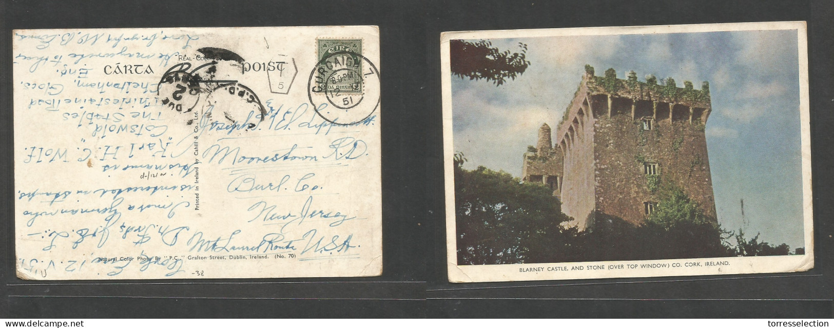 EIRE. 1951 (12 May) Corcaigh 7 - USA, NJ Morestown. Fkd Ppc + Taxed Hexag "7-5" + NY Due 2c Fine Scarce Tax Irish Pmk. - Used Stamps