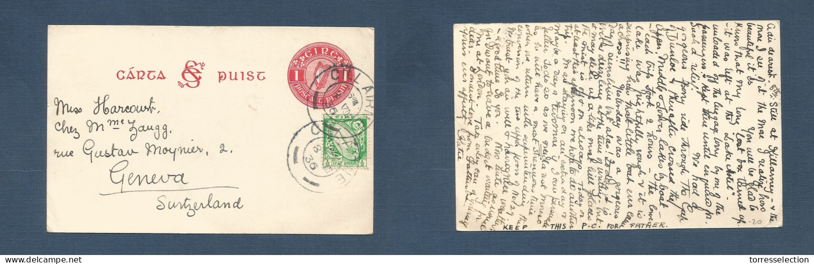 EIRE. 1936 (8 Aug) Cill Airne - Switzerland, Geneva. 1d Red Stt Card + Adtl, Tied Cds. - Usados