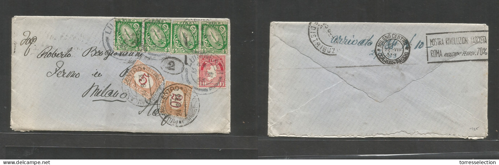 EIRE. 1933 (21 Aug) Luimoneach - Italy, Milano, Italy (24 Aug). Multifkd Env At 3d Rate, Tied Cds + Taxed At Arrival At  - Used Stamps