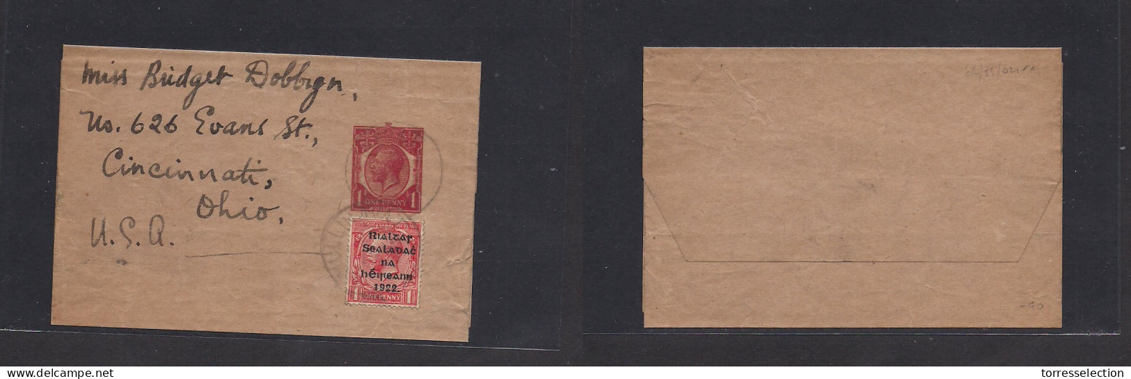 EIRE. 1922. GB 1d Red Stat Wrapper + Ovptd Adtl 1d Red, Tied Cds. Addressed To USA, Ohio, Cincinnati. - Used Stamps