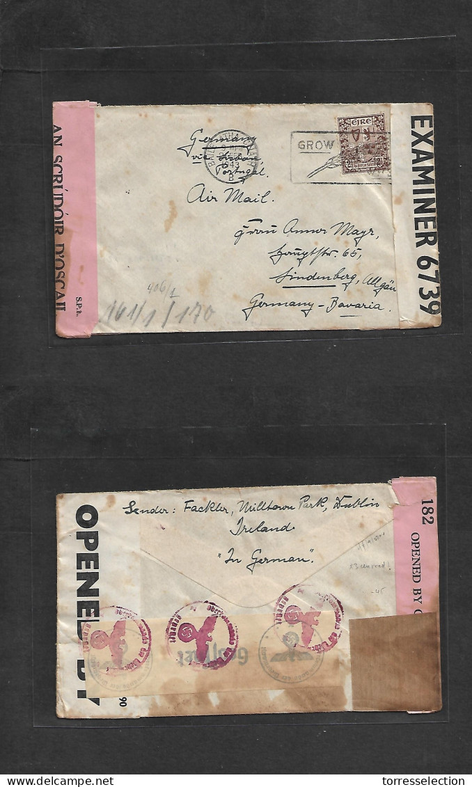 EIRE. 1943 (21 Feb) Baile Atha - Germany, Bayern, Lindenberg. Single 2 1/2d Fkd Env, Triple Censored Front And Reverse I - Used Stamps