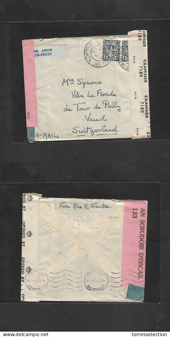 EIRE. 1945 (19 Feb) Malahide - Switzerland, Vaud. Air Multifkd Env, Triple Censored. Fine Item. Via Lisboa (5 March) Tra - Used Stamps