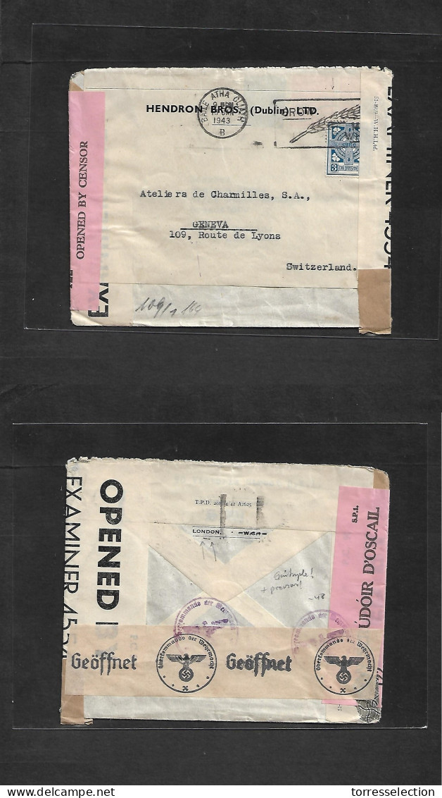 EIRE. 1943 (18 Jan) Bale Atha Claith - Switzerland, Geneva. Air Fkd Envelope With Quintuple Censor Labels (!) Extraordin - Used Stamps