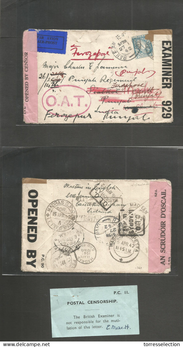 EIRE. 1942 (27 Jan) OAT, Baile - India, Punjab Via Madras (15-23 Apr 42) Air Fkd Military Officer Addressed With Triple  - Used Stamps