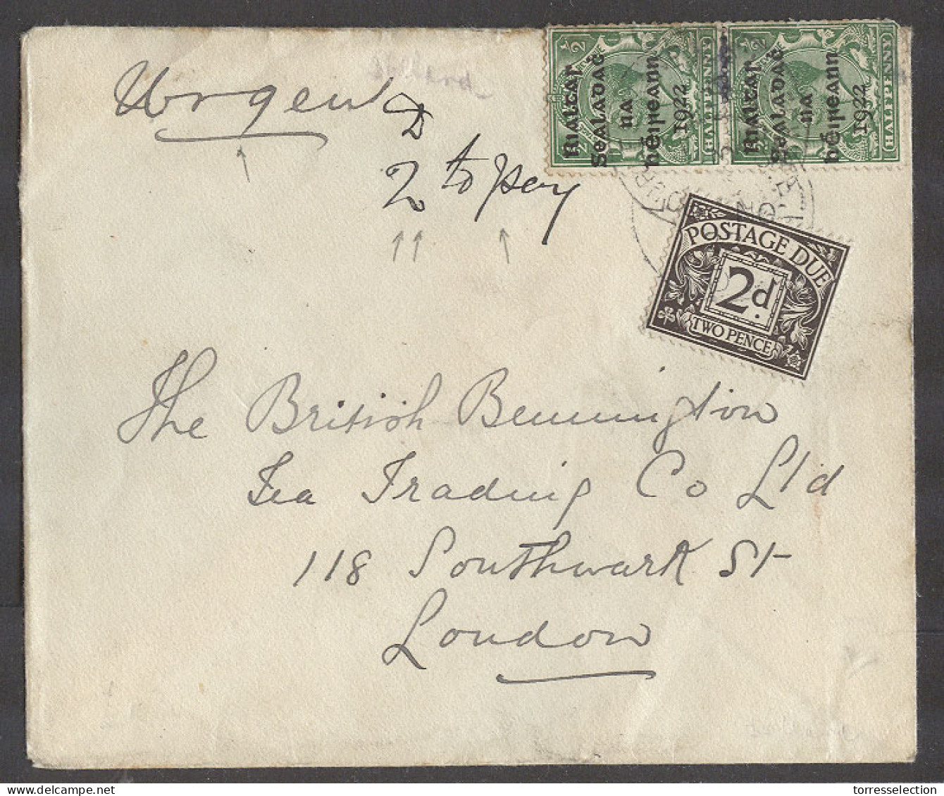 EIRE. 1922 (Oct). Fkd Env To London, UK With 1/2d Green Vert Pair Ovptd Issue Urgent Manuscript 2 To Pay GB 2d Tied Post - Gebraucht