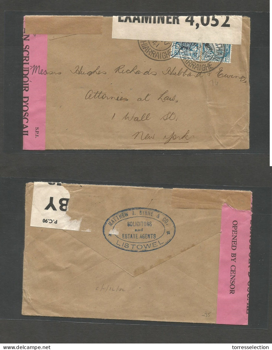 EIRE. 1941 (22 April) Cº Chiarraighe - USA, NYC. Fkd Envelope + Dual Censored. Fine. - Used Stamps