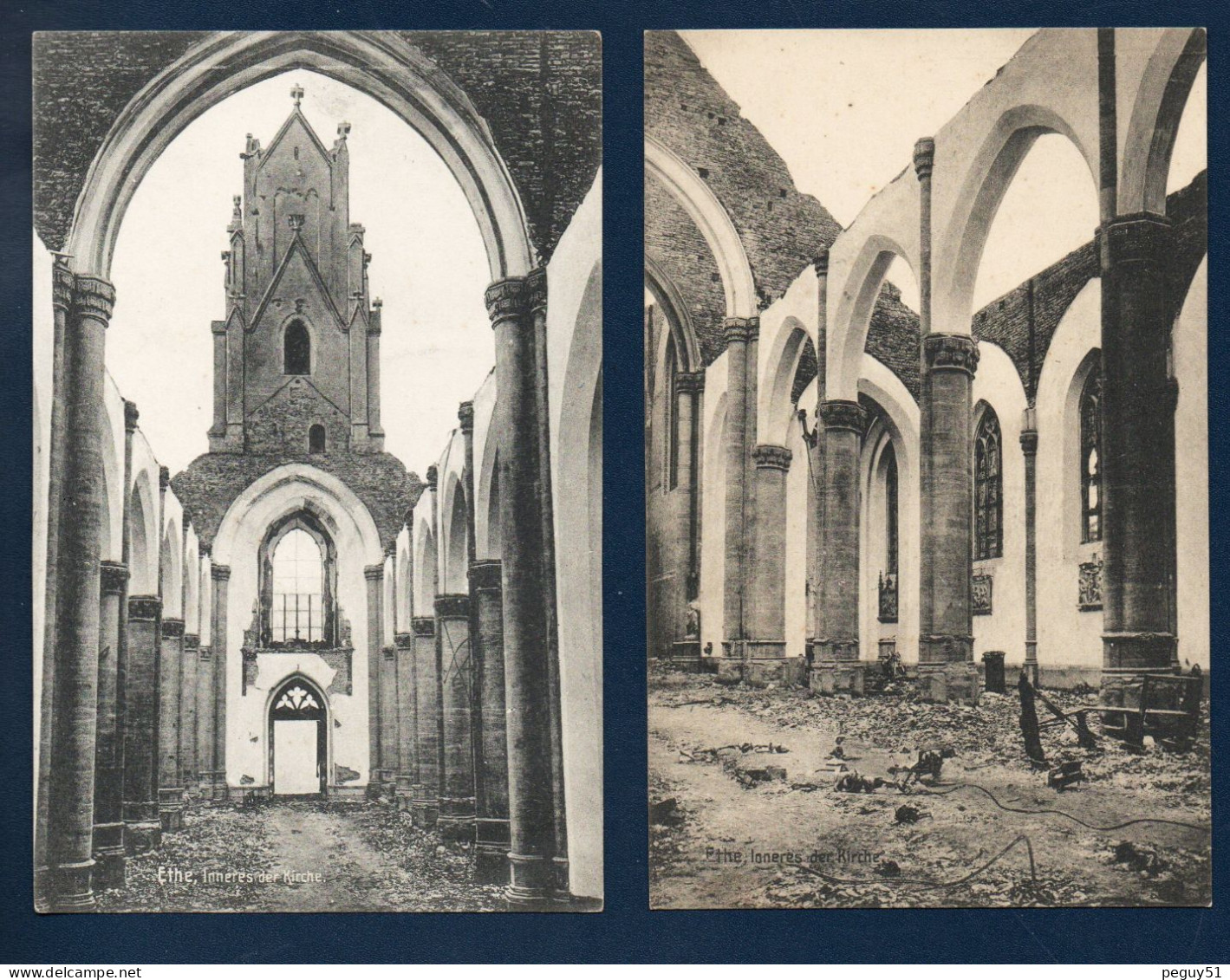 Ethe ( Virton). Inneres Der Kirche. Lot De 2 Cartes De L'église Saints-Pierre Et Paul Bombardée En Août 1914. - Virton