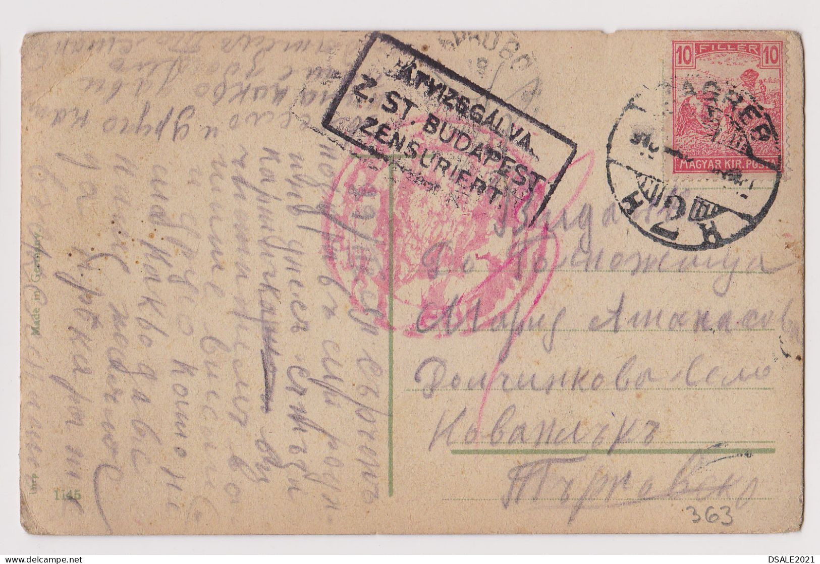 Hungary Croatia Ww1 Postcard Sent ZAGREB Censored BUDAPEST To Bulgaria Sofia Civil Censored Cachet (363) - Briefe U. Dokumente