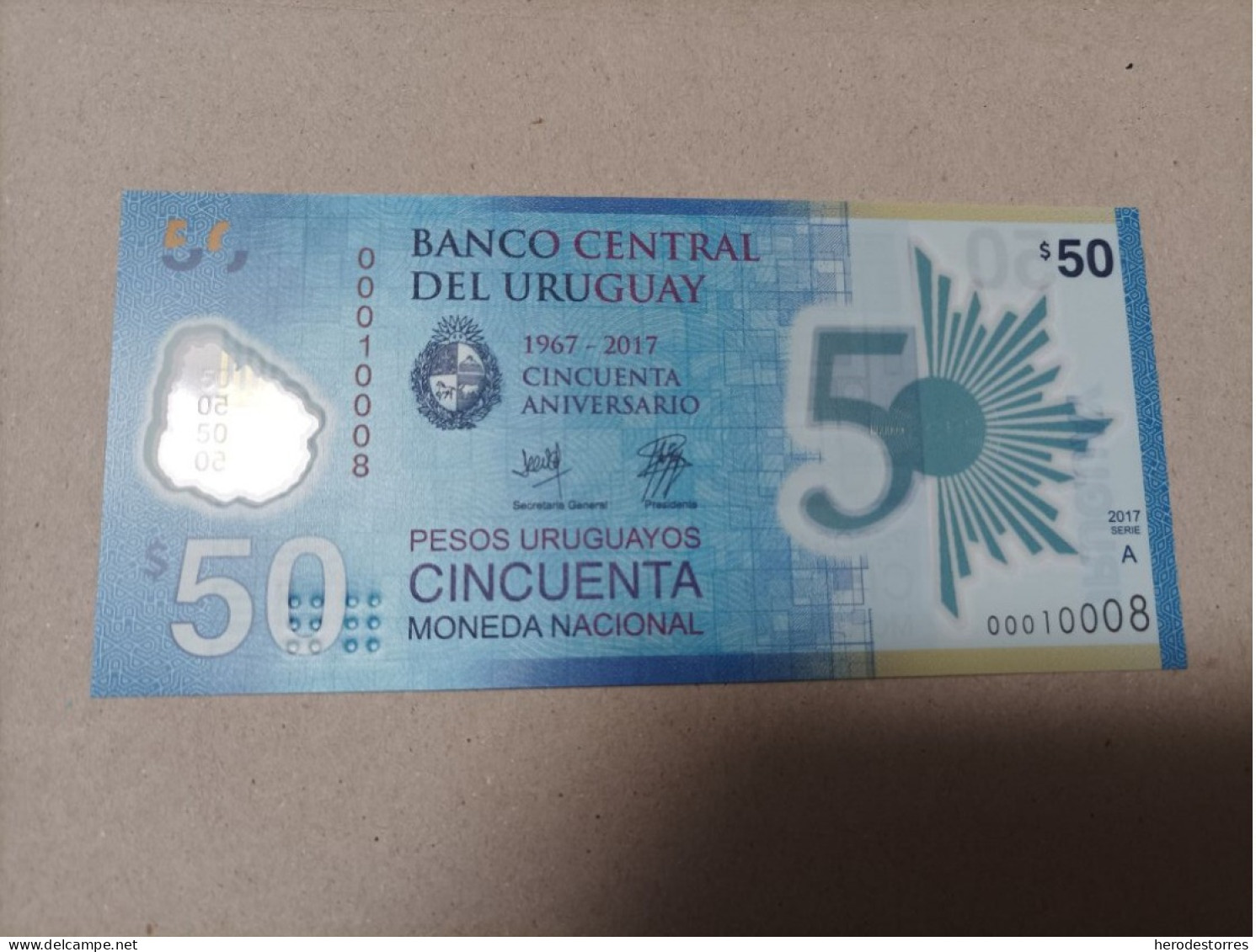 Billete Uruguay, 50 Pesos, Año 2017, Serie A, Nº Bajisimo 00010008, UNC - Uruguay