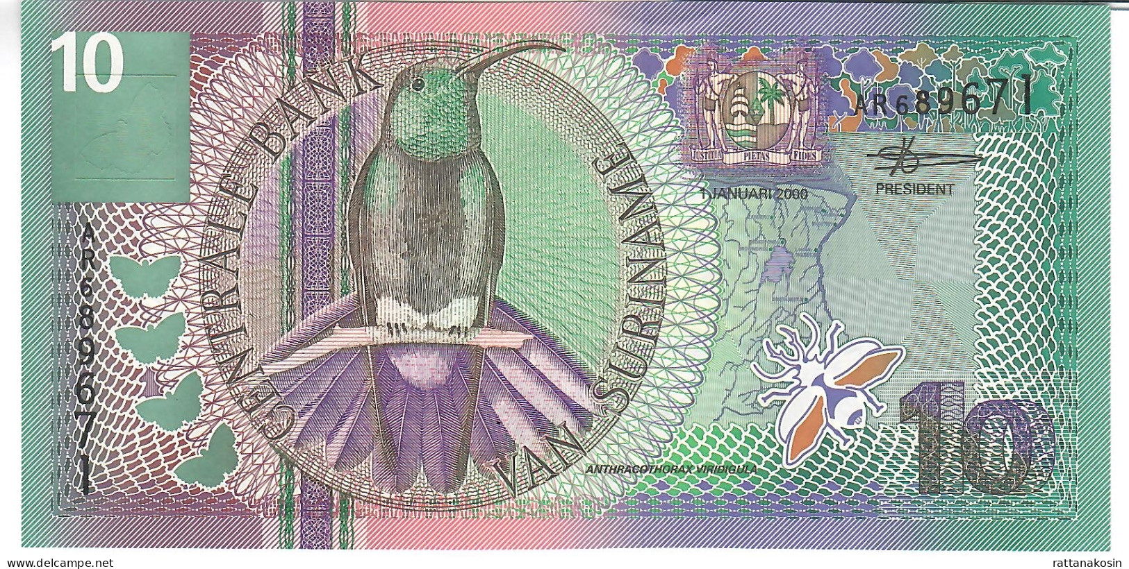 SURINAM  P147 10 GULDEN 2000 UNC. - Suriname