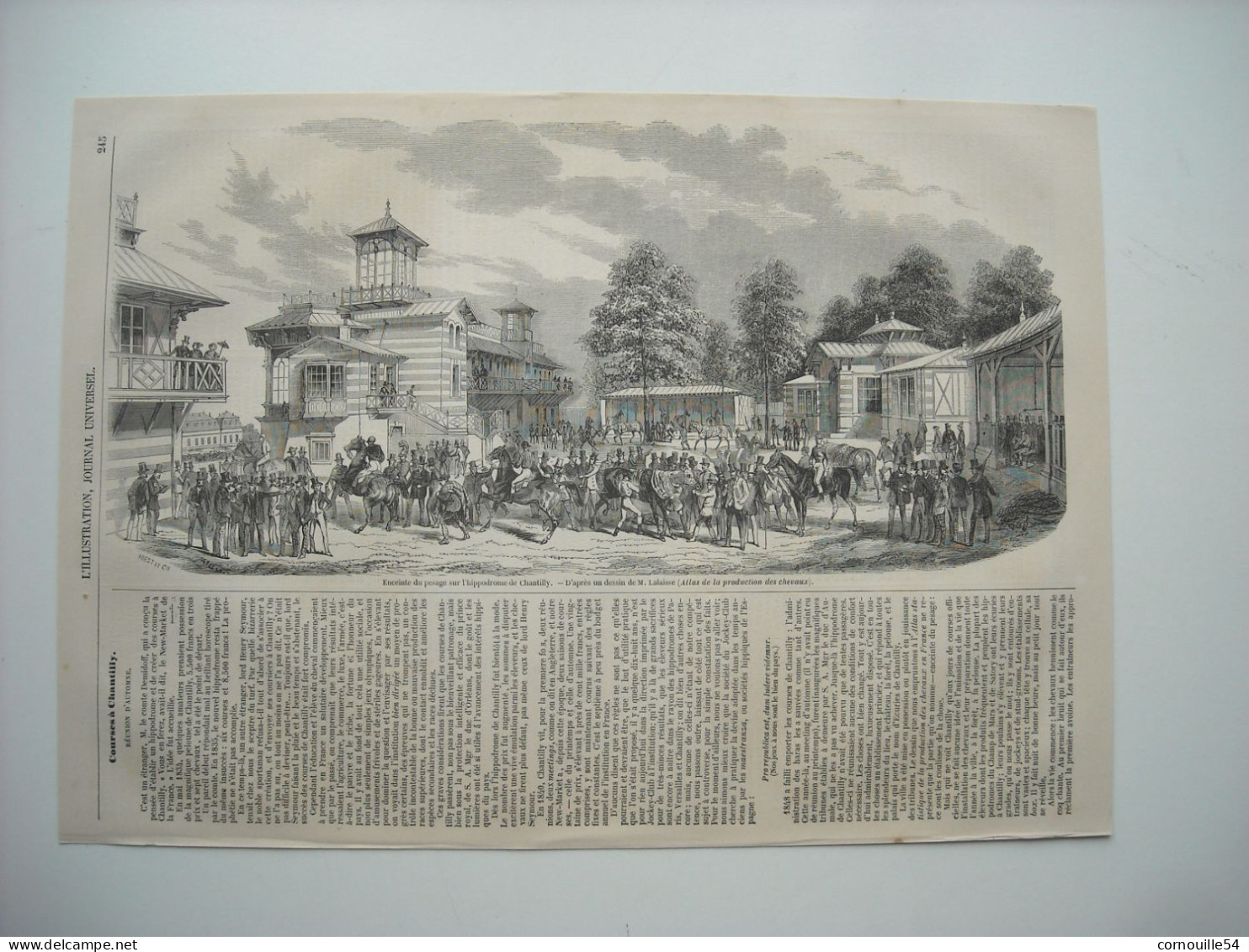 GRAVURE 1852. ENCEINTE DU PESAGE SUR L’HIPPODROME DE CHANTILLY. COURSES A CHANTILLY. REUNION D’AUTOMNE. - Dessins