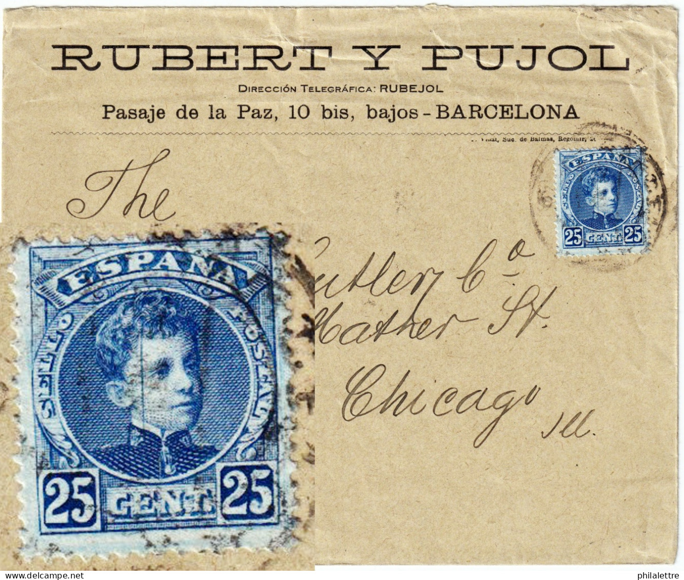 ESPAGNE/ESPAÑA 1907 Ed.248 Con "raya En La Cara Del Rey" Sobre Carta De Barcelona A Chicago, EE.UU. - Storia Postale