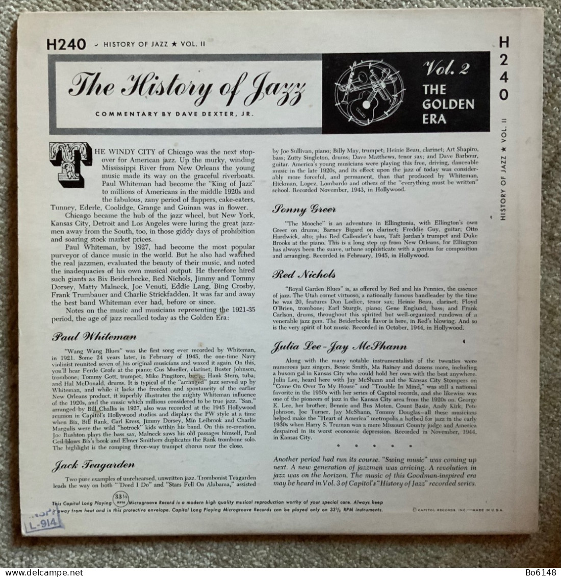Disco 33 1/3 Giri : The History Of Jazz 2 , THE GOLDEN ERA , Capitol H 240 - Blues