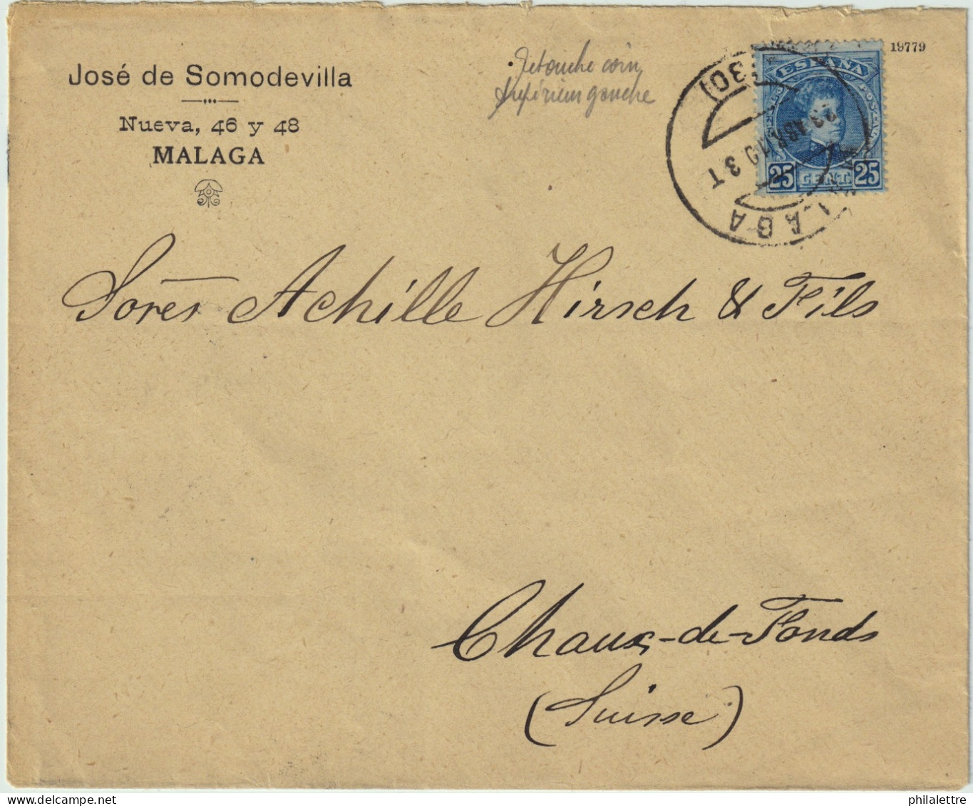 ESPAGNE/ESPAÑA 1910 Ed.248 Sobre Carta De  MÁLAGA A Suiza - Brieven En Documenten