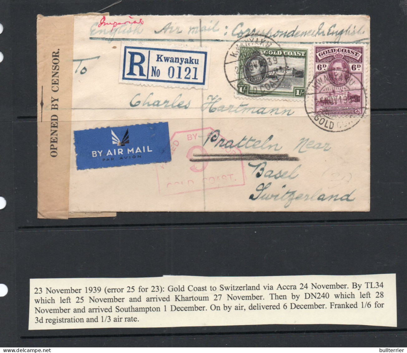 GOLD COAST - 1939-  REGISTED COVER KWANYAKU T0 SWITZERLAND CENSORED  WITH BACKSTAMP - Gold Coast (...-1957)