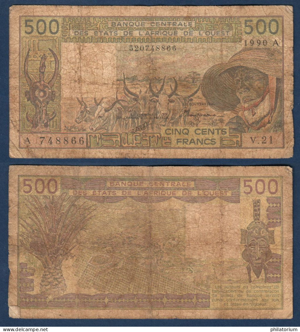 500 Francs CFA, 1990 A, Côte D' Ivoire, V.21, A 748866, Oberthur, P#_06, Banque Centrale États De L'Afrique De L'Ouest - États D'Afrique De L'Ouest