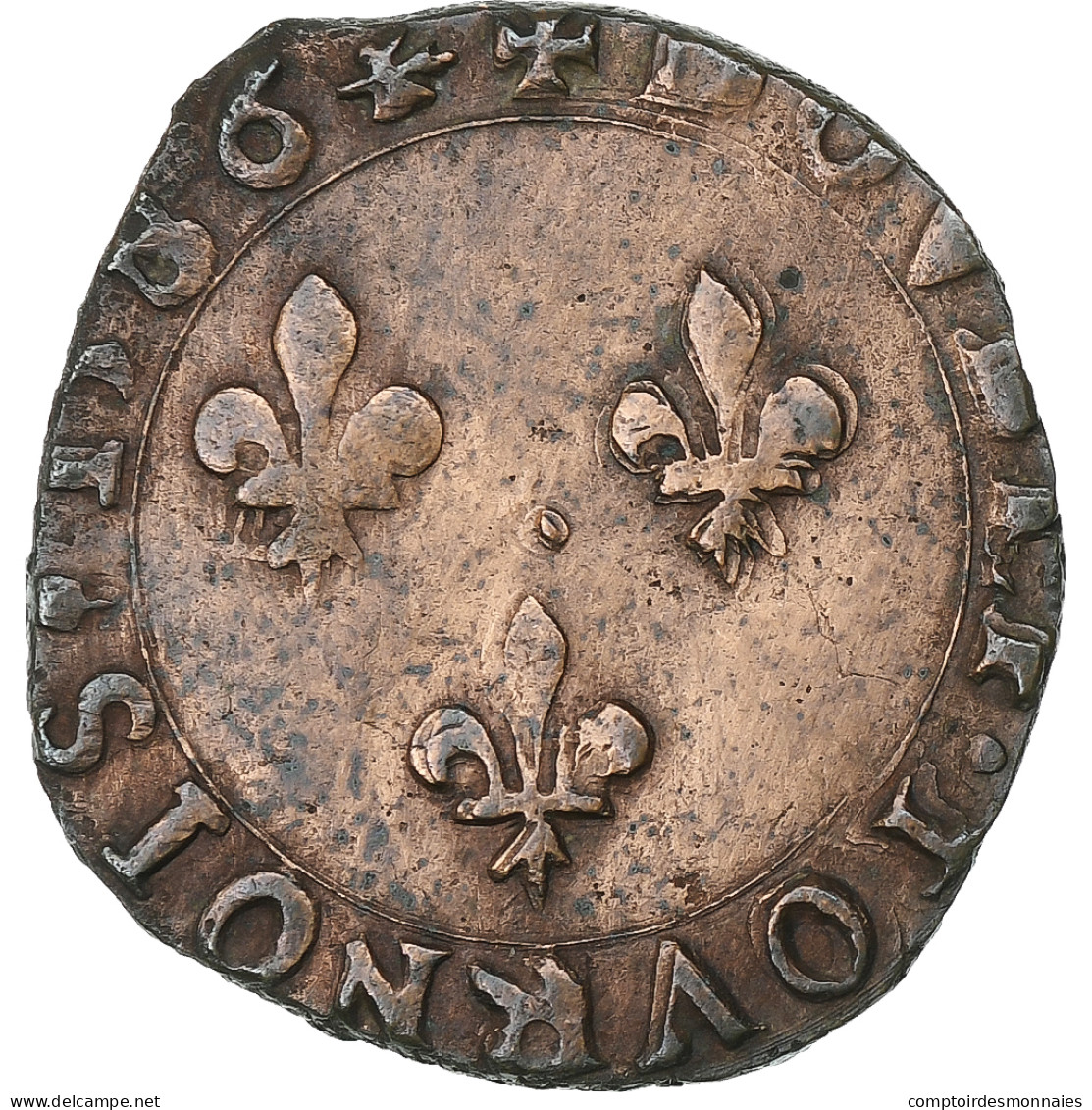 France, Henri III, Double Tournois, 1586, La Rochelle, Cuivre, B+, Gadoury:455 - 1574-1589 Henry III