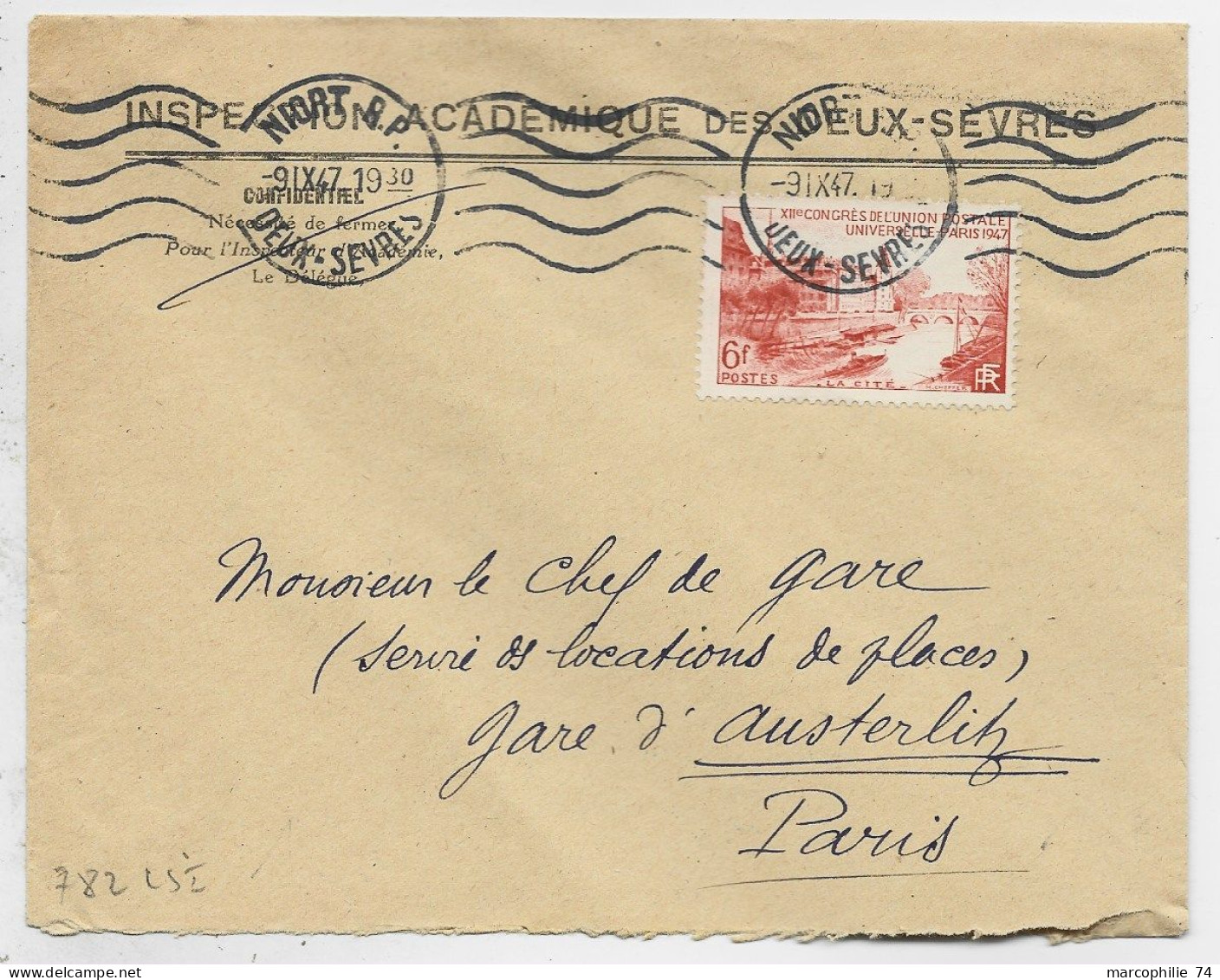 FRANCE UPU 6FR SEUL LETTRE COVER MEC NIORT 9.IX.1947 AU TARIF - 1944-45 Arc Of Triomphe