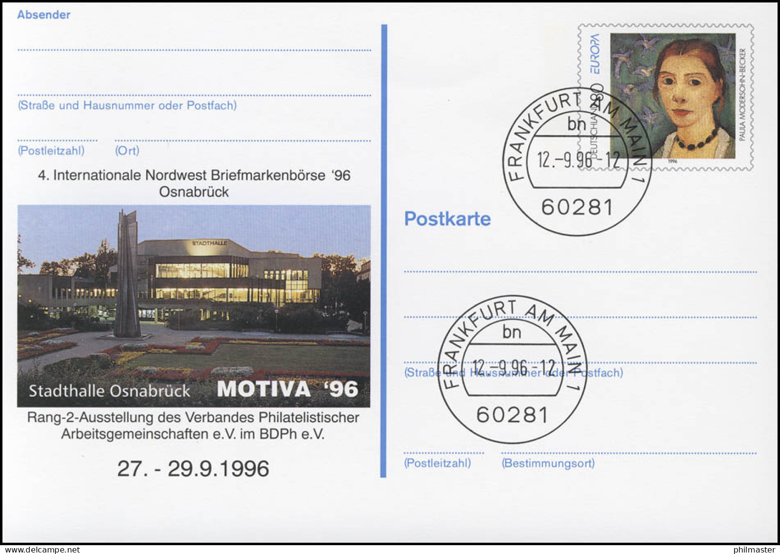 PSo 43 Briefmarkenbörse Osnabrück 1996, VS-O Frankfurt 12.09.1996 - Postcards - Mint