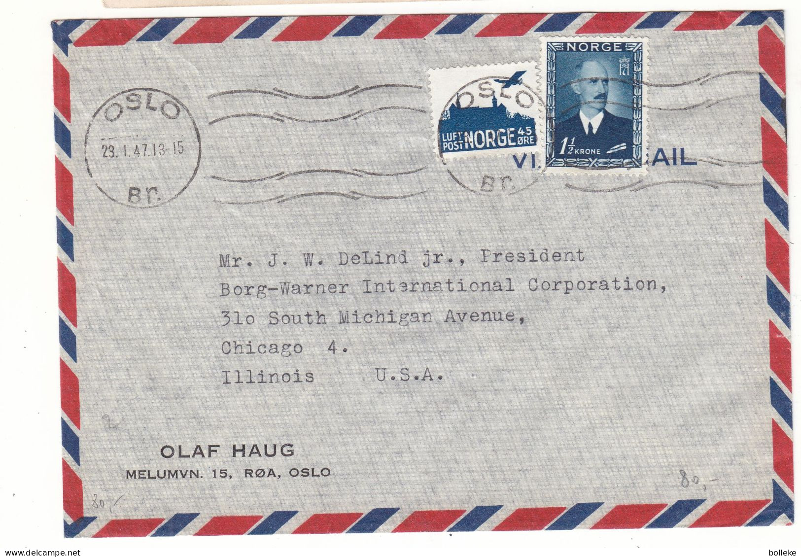 Norvège - Lettre De 1947 - Oblit Oslo - Exp Vers Chicago - Valeur 7,50 € En......2008 - - Briefe U. Dokumente