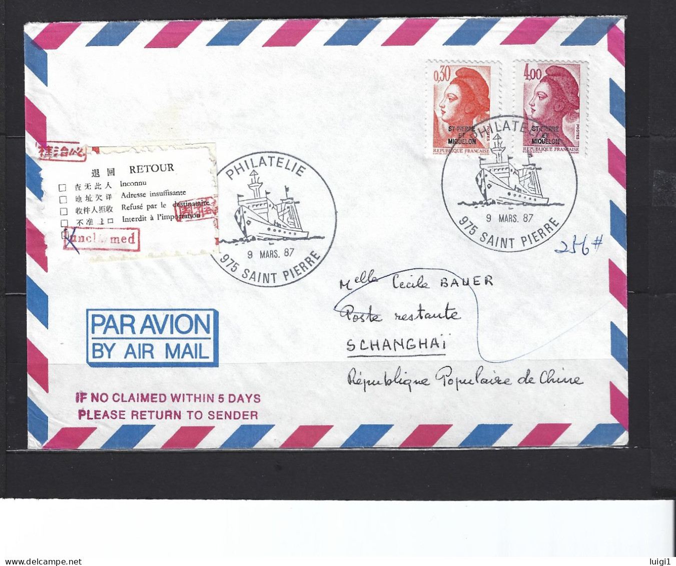 Courrier En Poste Restante Pour SHANGHAI. " RETOUR DESTINATAIRE INCONNU "  Du 24 - 4 -1987. TB. - Lettres & Documents