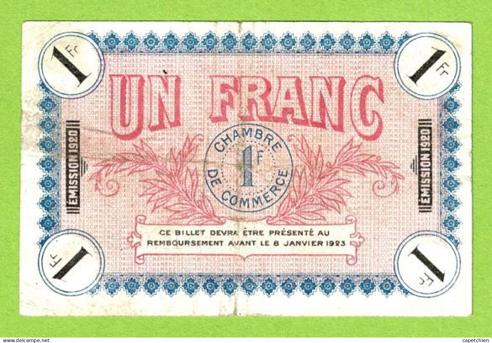 FRANCE / AUXERRE / 1 FRANC / 8 Janvier 1920 / N° 017948 / SERIE  150 - Chamber Of Commerce