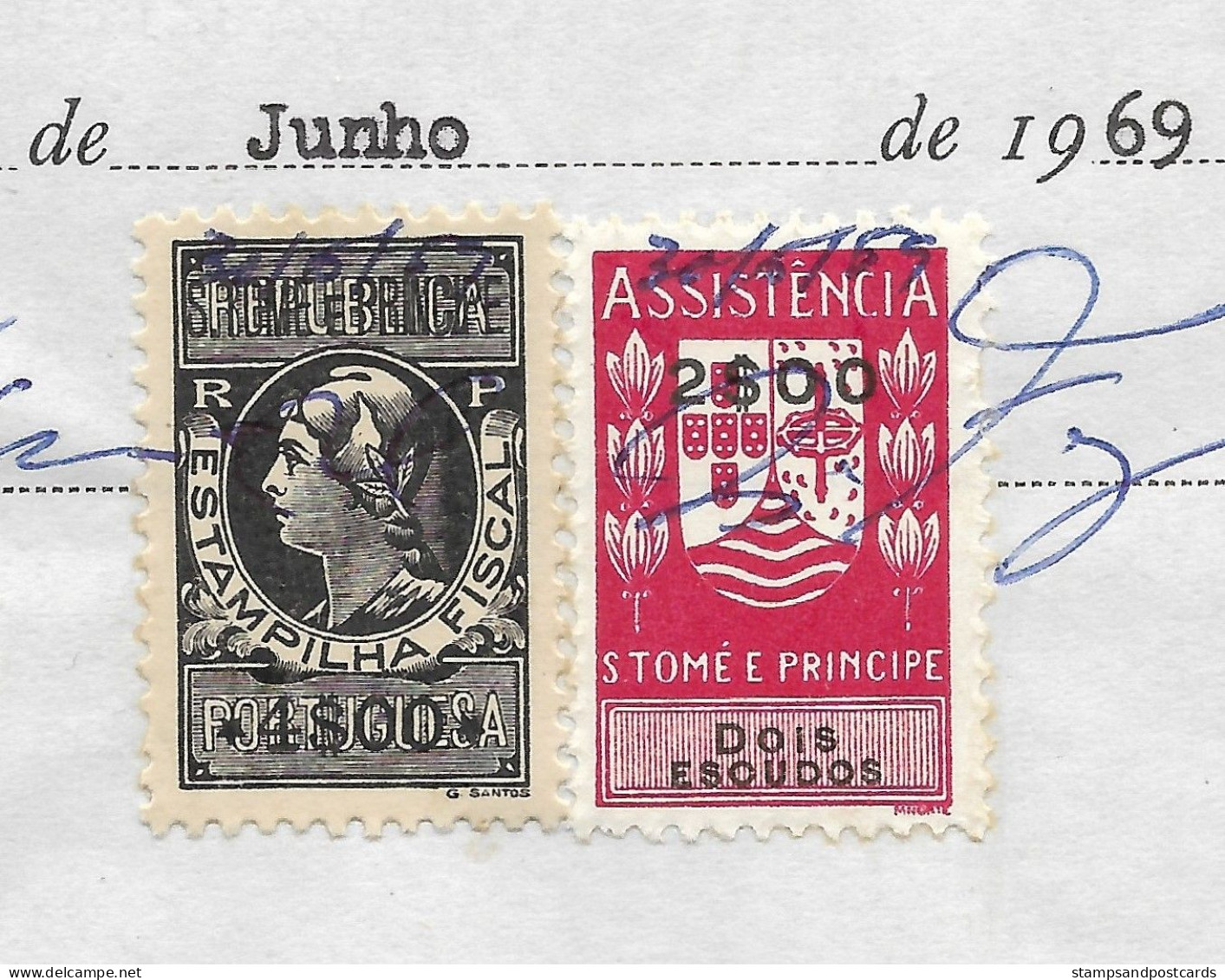 Portugal Sao Tome Et Principe Timbre Fiscal 1969 Reçu Plantation Cacao Et Café Receipt W/ Revenue Stamp Cocoa And Coffee - Covers & Documents