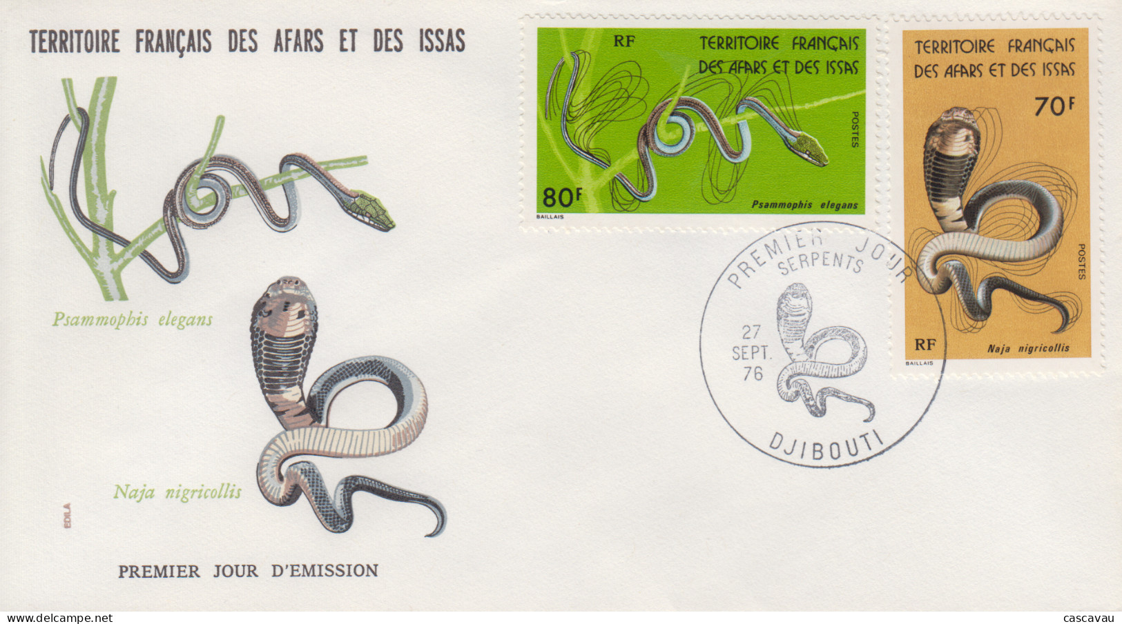 Enveloppe  FDC  1er  Jour   Territoire  Français  Des  Afars  Et  Des  Issas   Serpents   1976 - Snakes