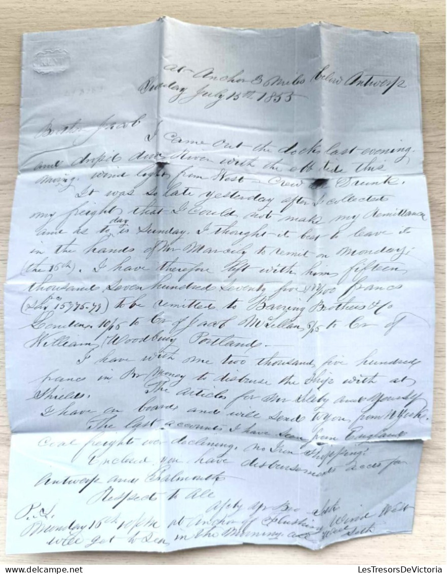 Folded Letter  - Antwerper - Belgium - To Portland - Maine - 15 July 1855 - Andere & Zonder Classificatie