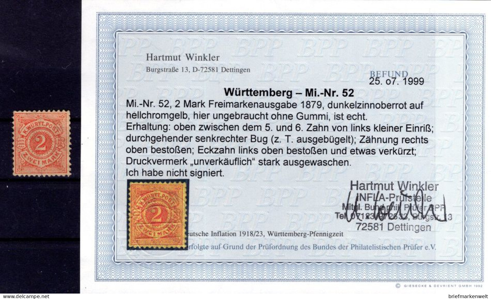 Württemberg 52 Ungummiert * MH BPP BEFUND 1000EUR (T7838 - Andere & Zonder Classificatie