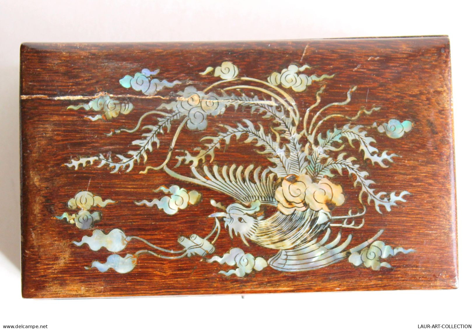 JAPON MAGNIFIQUE COFFRET BOITE ECRIN En BOIS INCRUSTATION DE NACRE OISEAU 14x8x5cm / ART DECORATIF ANTIQUE (0603.11b) - Art Asiatique